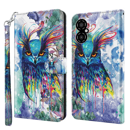 Phone case with colorful watercolor owl with rainbow feathers, blue splatter background, wrist strap