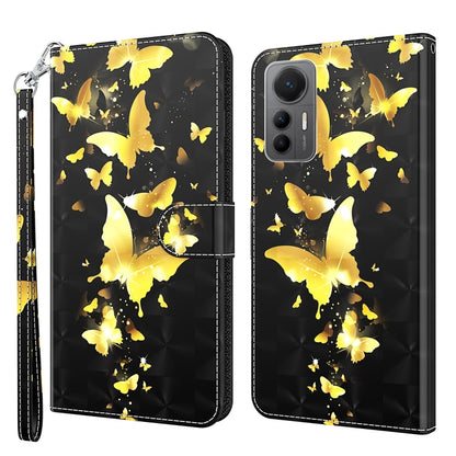 Phone case with dark base and gold butterflies scattered, quilted texture, wrist strap
