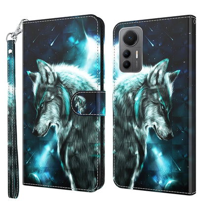 Phone case with teal and blue galaxy scene, detailed wolf face artwork, wrist strap