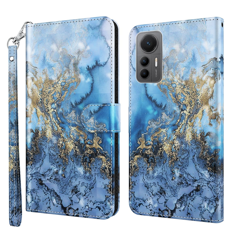 Phone case with blue marbled sky look, gold swirl accents, flip-cover design, wrist strap
