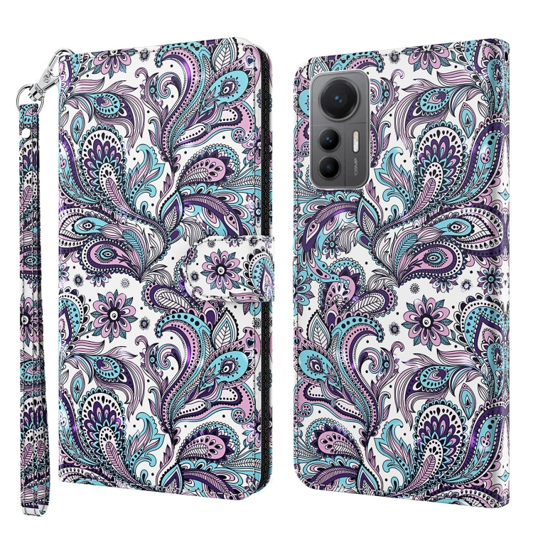 Phone case with white base and purple, teal paisley floral pattern, wrist strap