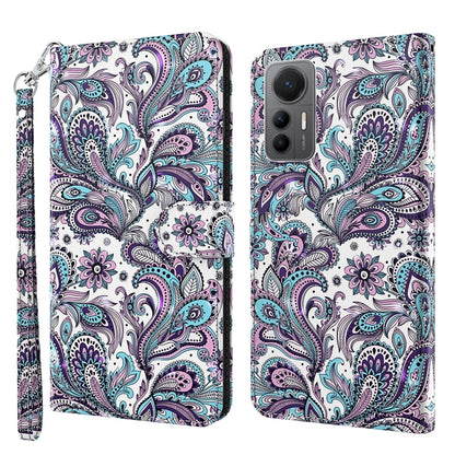 Phone case with white base and purple, teal paisley floral pattern, wrist strap