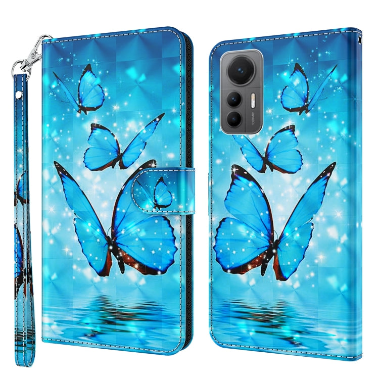 Blue TPU phone case with large butterfly artwork and galaxy-style speckles, wrist strap.