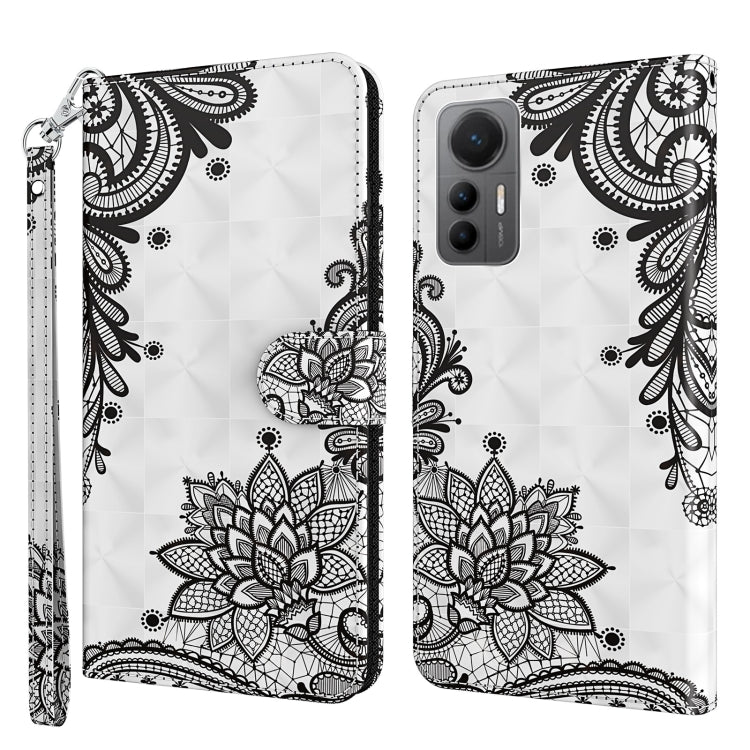 White TPU phone case with black lace floral lotus design and wrist strap.