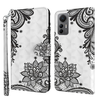 White TPU phone case with black lace floral lotus design and wrist strap.