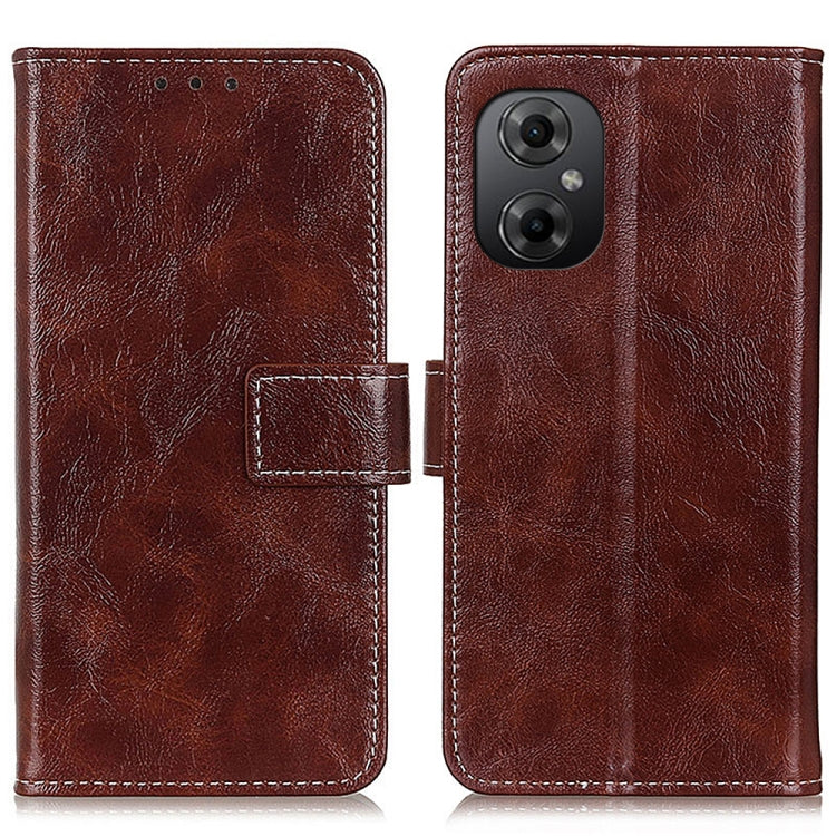 Brown leather phone wallet case with flip cover and camera cutout