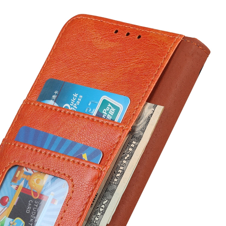 Orange wallet-style leather phone case with card slots and elastic pocket