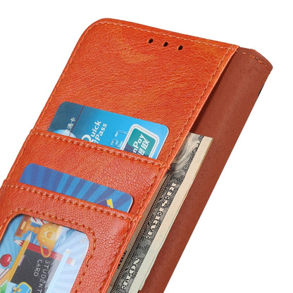 Orange wallet-style leather phone case with card slots and elastic pocket