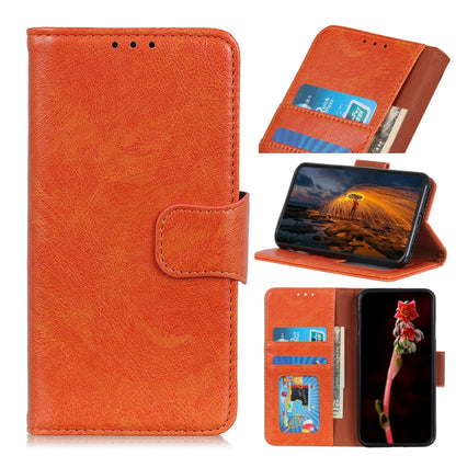 Orange nappa leather phone case with folio cover, card slots, and viewing stand