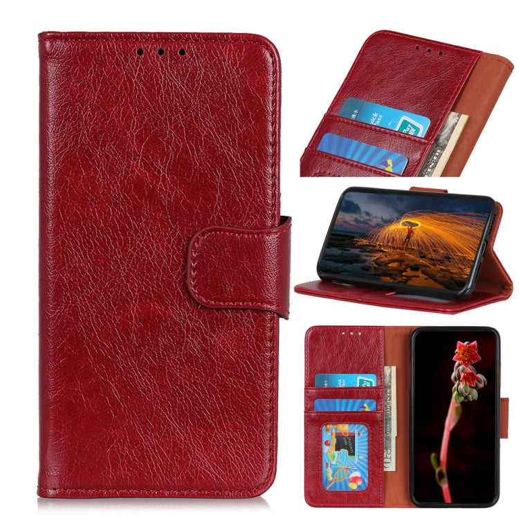 Red nappa texture leather phone case with card slots and folio stand