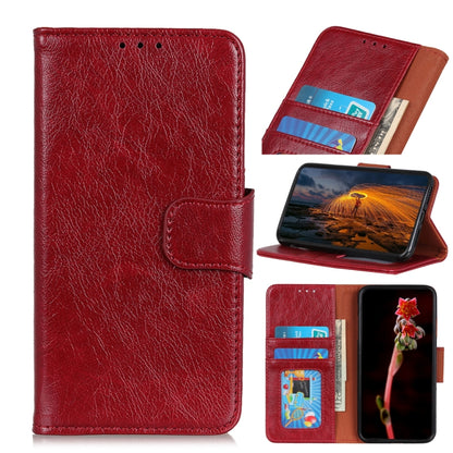 Red nappa texture leather phone case with card slots and folio stand