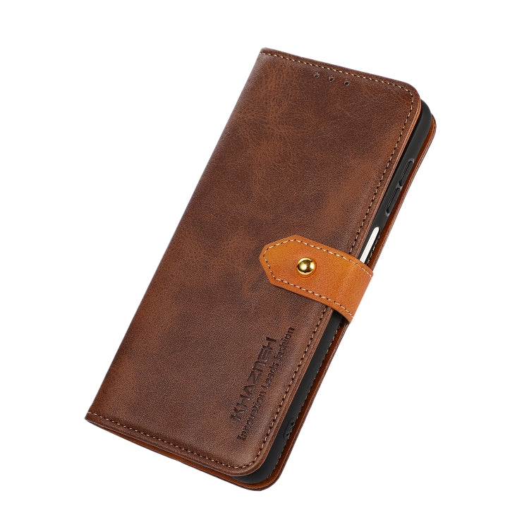Brown flip phone case with magnetic strap and stitched cowhide texture