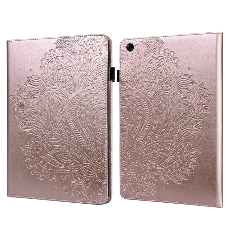 Peacock-embossed leather tablet case in rose pink, dual-fold cover with black clasp