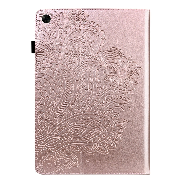 Peacock-embossed leather tablet case in rose pink, front with camera cutout and clasp