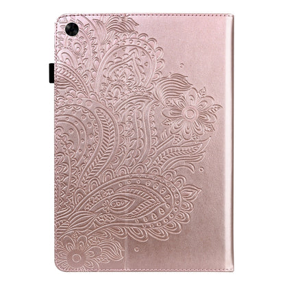 Peacock-embossed leather tablet case in rose pink, front with camera cutout and clasp