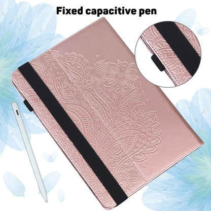Peacock-embossed leather tablet case in rose pink, open cover with stylus-like cutout