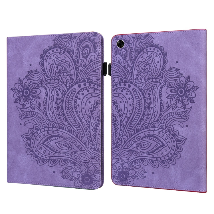 Peacock-embossed leather tablet case in purple, dual-fold cover with black clasp
