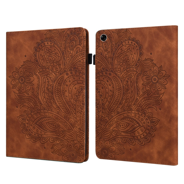 Peacock-embossed leather tablet case in brown, dual-fold cover with black clasp