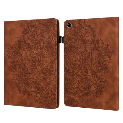 Peacock-embossed leather tablet case in brown, dual-fold cover with black clasp