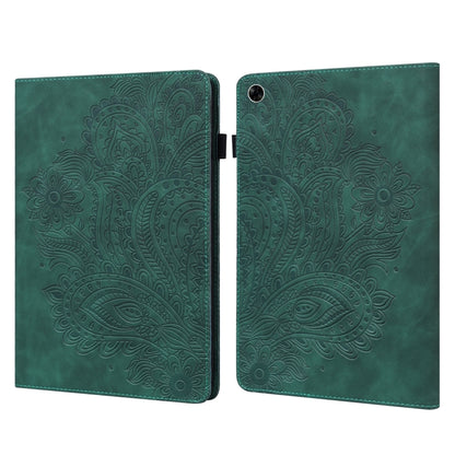 Peacock-embossed leather tablet case in green, dual-fold cover with black clasp