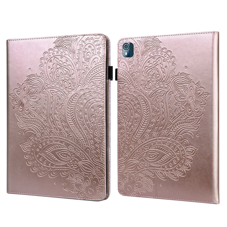 Peacock embossed leather-style tablet case with flip cover and camera cutout, pink-gold