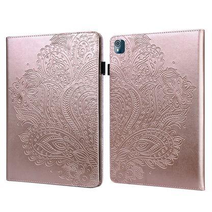 Peacock embossed leather-style tablet case with flip cover and camera cutout, pink-gold