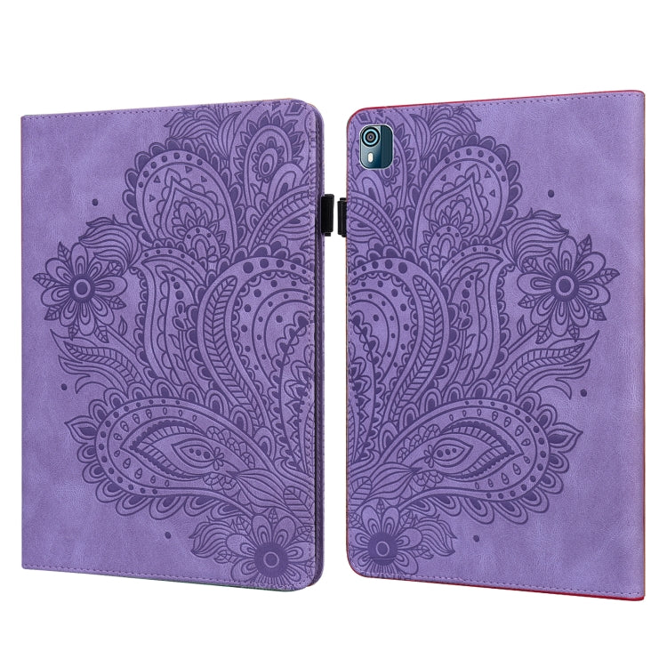 Peacock embossed leather-style tablet case with flip cover and camera cutout, purple