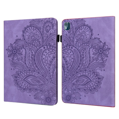 Peacock embossed leather-style tablet case with flip cover and camera cutout, purple