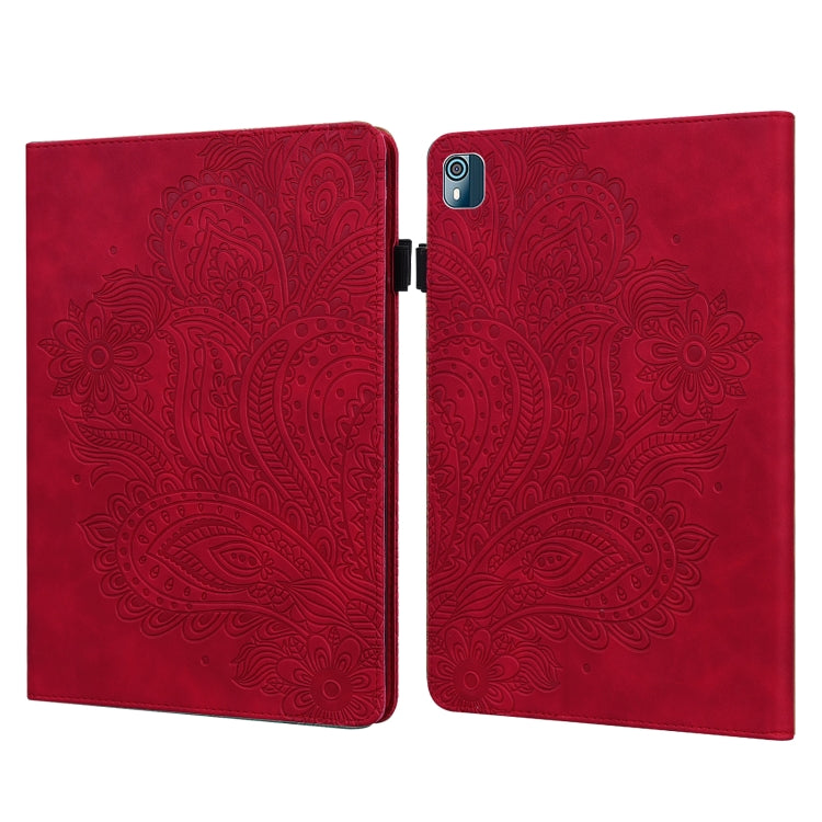 Peacock embossed leather-style tablet case with flip cover and camera cutout, red