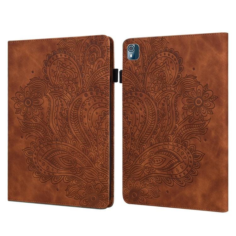 Peacock embossed leather-style tablet case with flip cover and camera cutout, brown