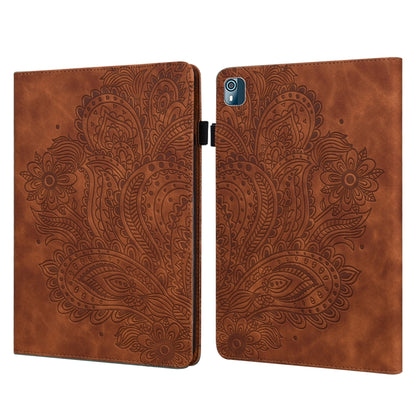 Peacock embossed leather-style tablet case with flip cover and camera cutout, brown