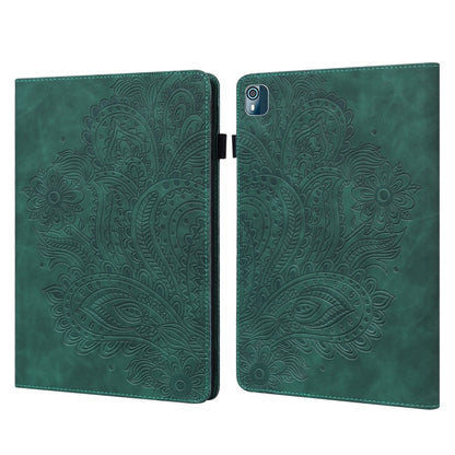 Peacock embossed leather-style tablet case with flip cover and camera cutout, green