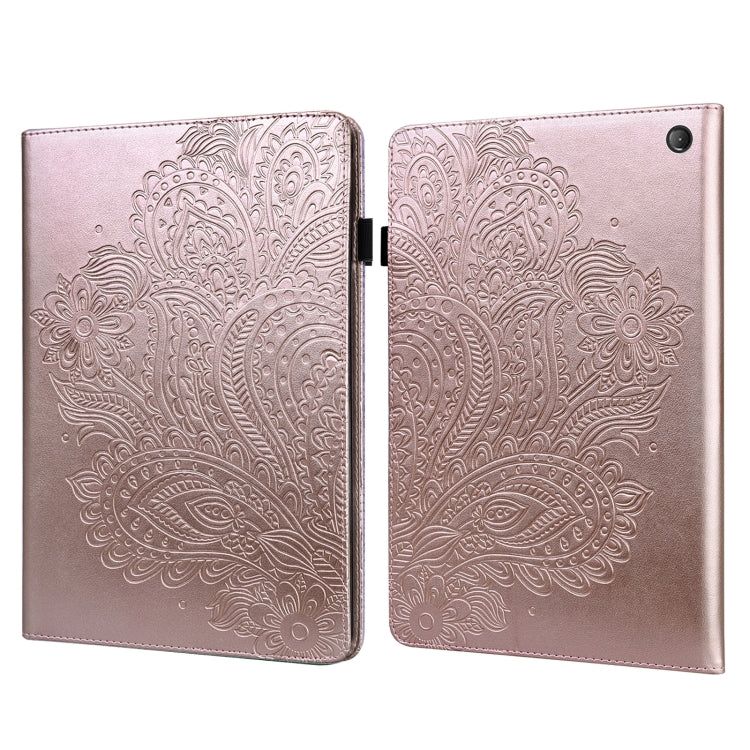 Peacock embossed leather-style tablet case with flip cover and round camera cutout, pink
