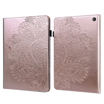 Peacock embossed leather-style tablet case with flip cover and round camera cutout, pink