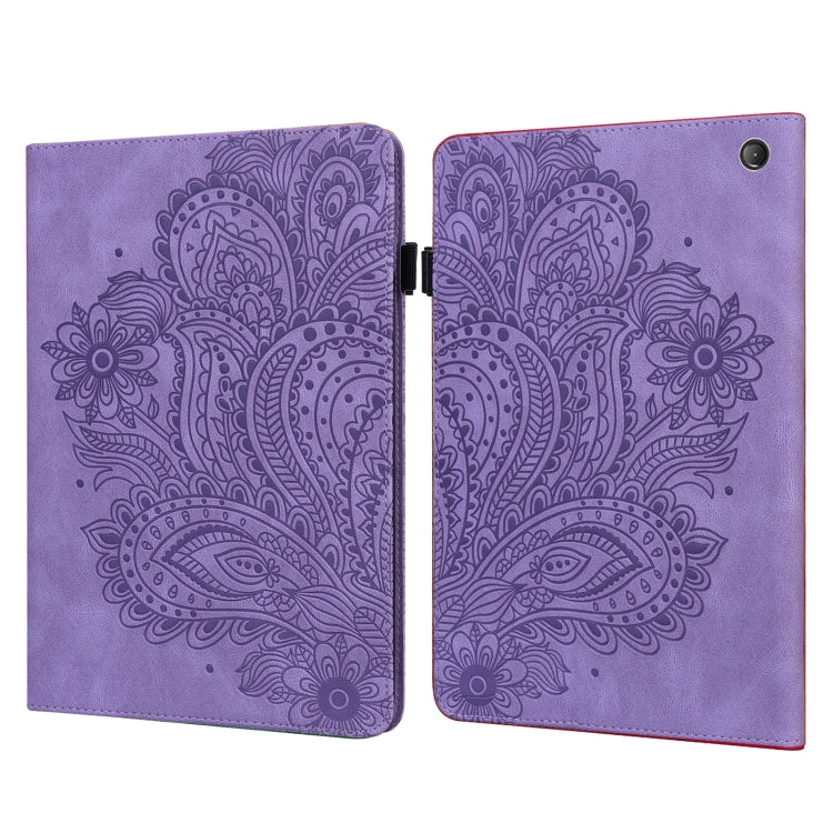 Peacock embossed leather-style tablet case with flip cover and round camera cutout, lavender