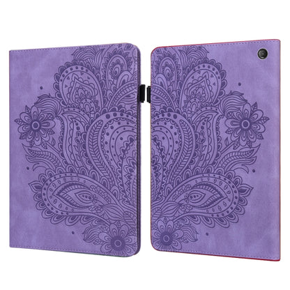 Peacock embossed leather-style tablet case with flip cover and round camera cutout, lavender