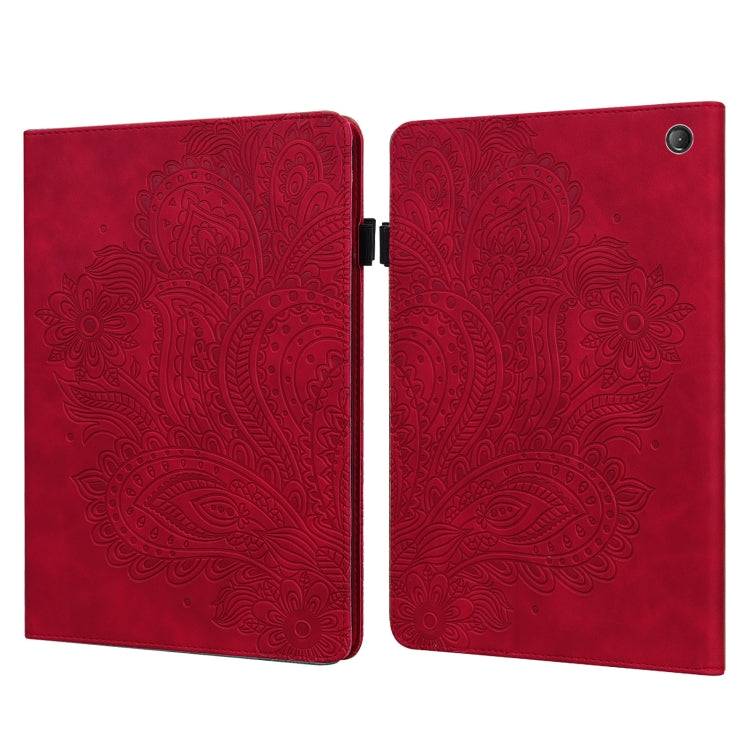 Peacock embossed leather-style tablet case with flip cover and round camera cutout, red
