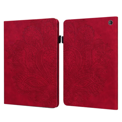 Peacock embossed leather-style tablet case with flip cover and round camera cutout, red