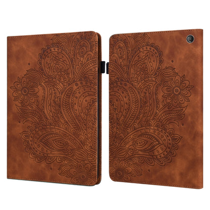 Peacock embossed leather-style tablet case with flip cover and round camera cutout, brown