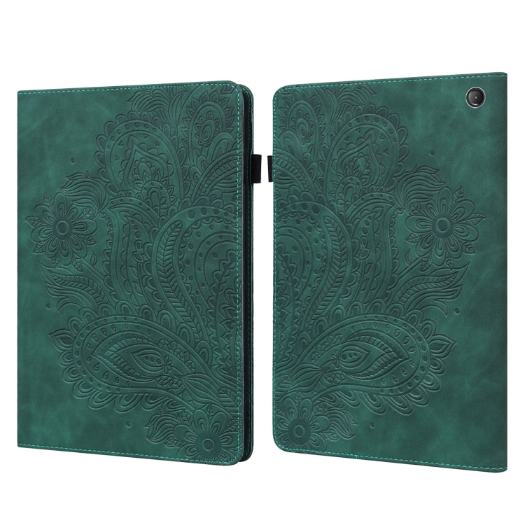 Peacock embossed leather-style tablet case with flip cover and round camera cutout, teal green