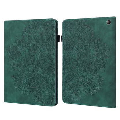 Peacock embossed leather-style tablet case with flip cover and round camera cutout, teal green
