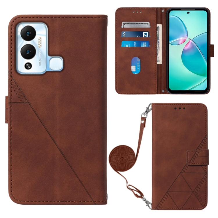 Brown 3D embossed flip leather phone case with crossbody wrist strap