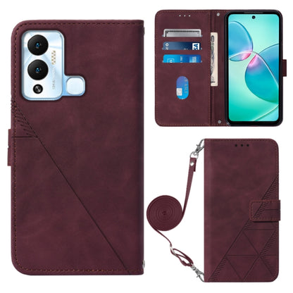 Burgundy 3D embossed flip leather phone case with crossbody strap and card slots