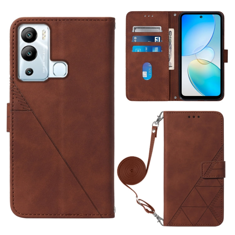 Brown 3D embossed flip leather phone case with crossbody strap and card compartments