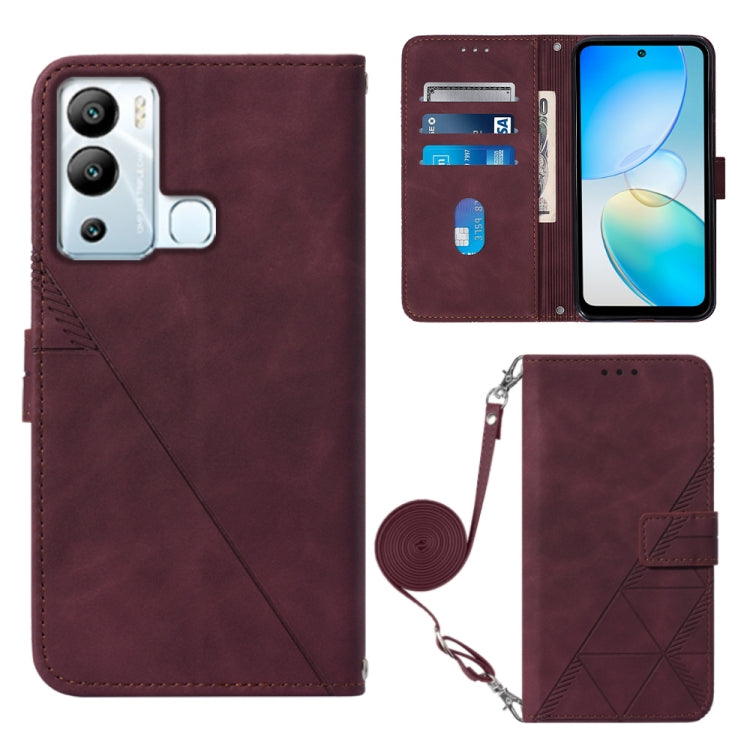 Burgundy 3D embossed flip leather phone case with wrist strap and card storage