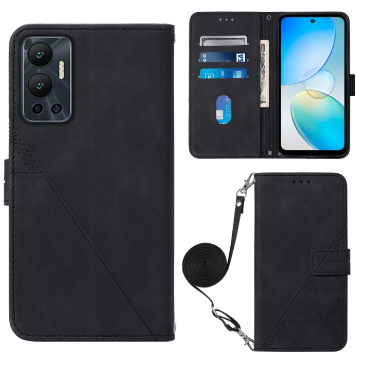 Black 3D embossed flip leather phone case with crossbody strap and interior pockets