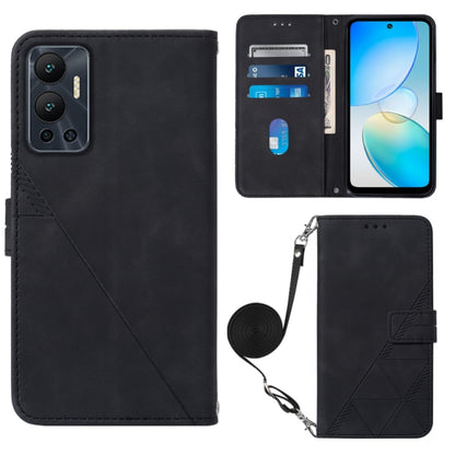 Black 3D embossed flip leather phone case with crossbody strap and interior pockets