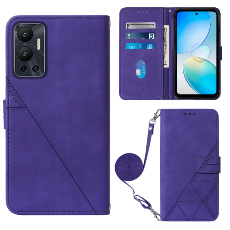 Purple embossed flip leather phone case with crossbody strap and card slots