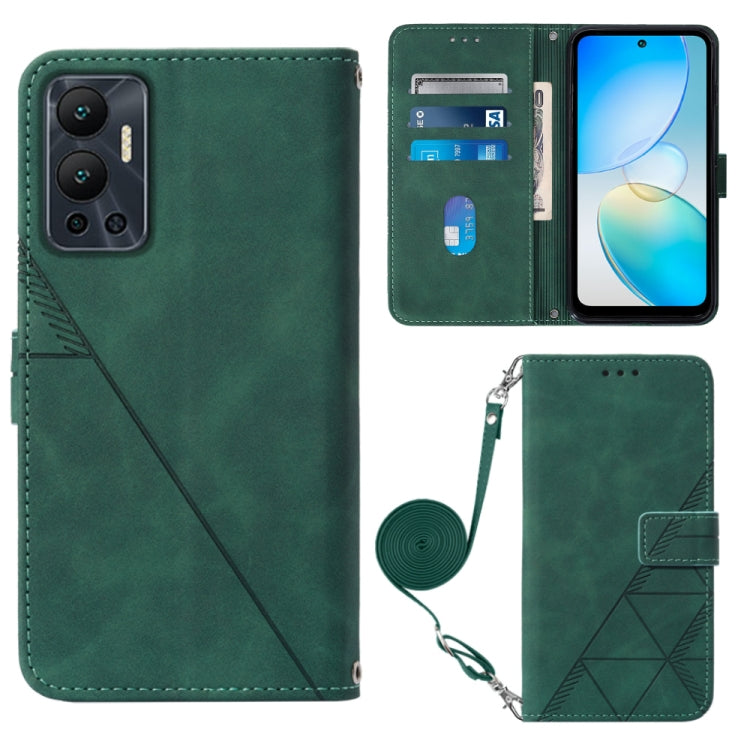 Green embossed flip leather phone case with crossbody strap and card slots
