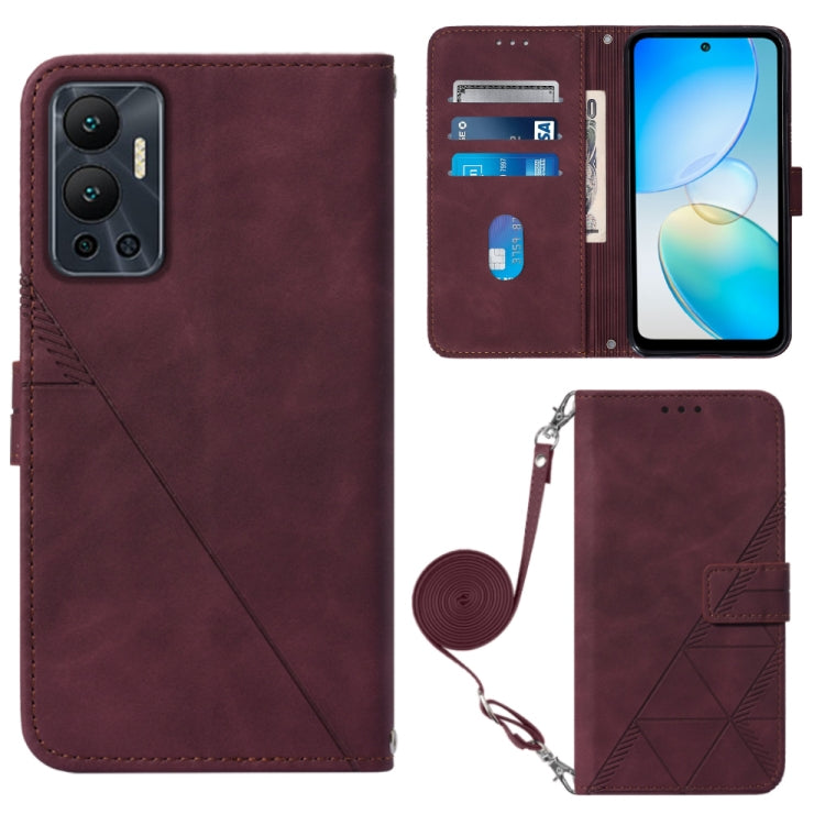 Wine red embossed flip leather phone case with crossbody strap and card slots